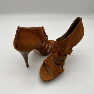 Stuart Weitzman HW 33129‎ Cognac Suede Strappy Platform Heel Sandals Womens 10 M
